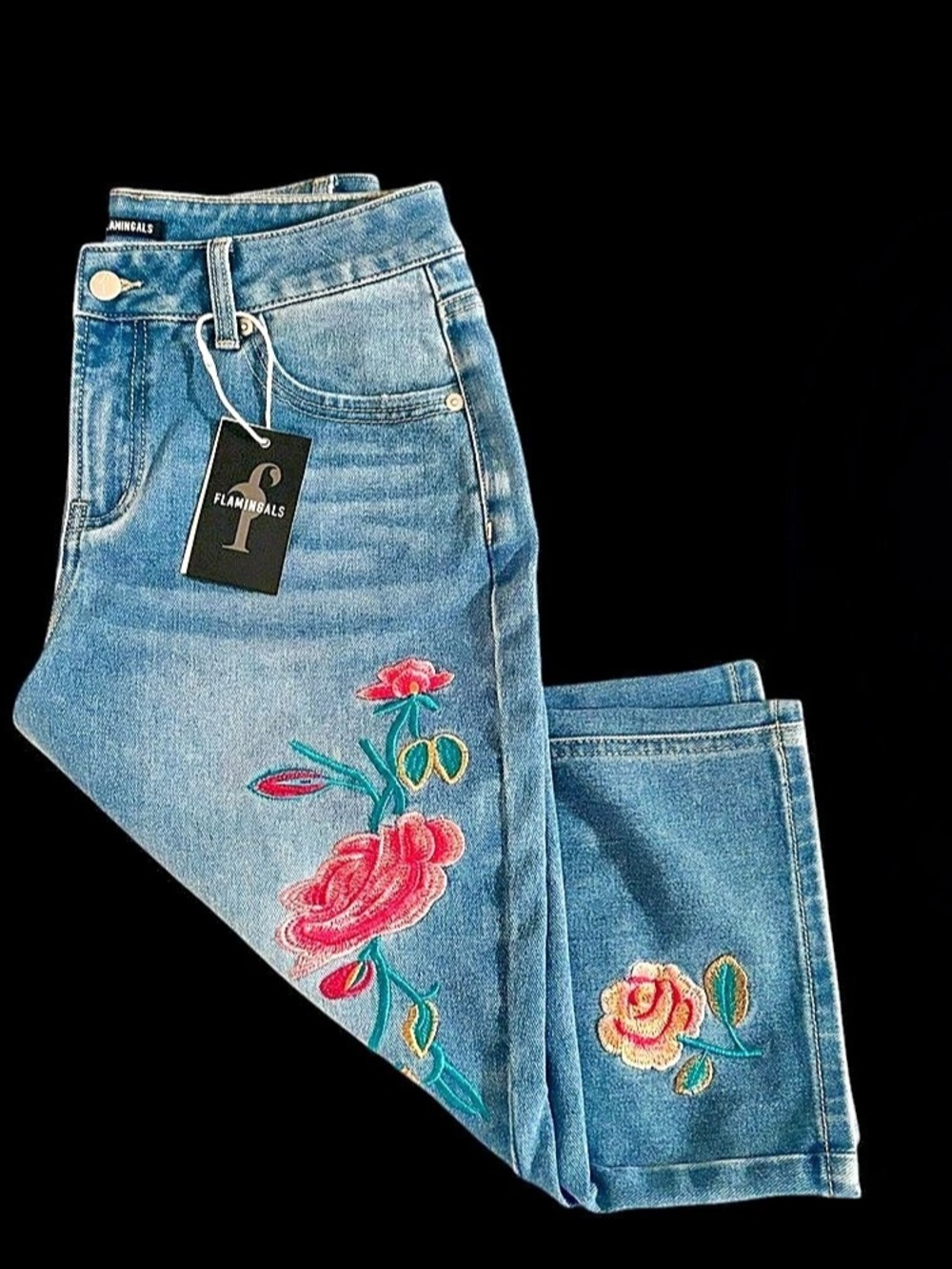 Flamingals Floral Embroidered Cropped Jeans in Blue Size M NWT Boho Y2K Festival